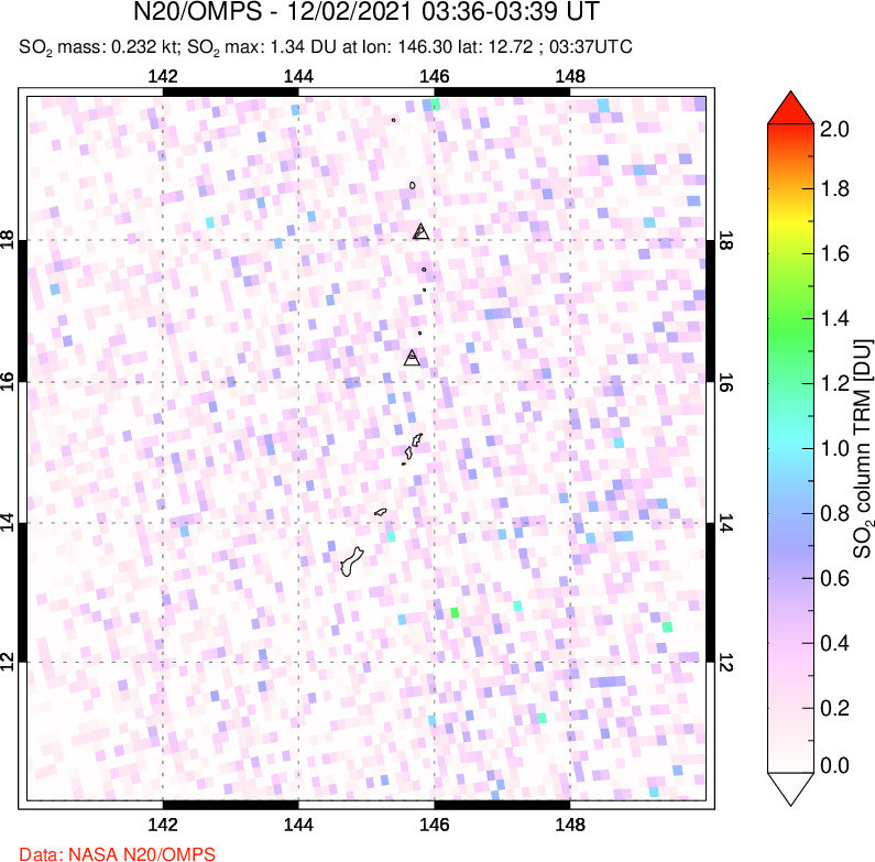 A sulfur dioxide image over Anatahan, Mariana Islands on Dec 02, 2021.