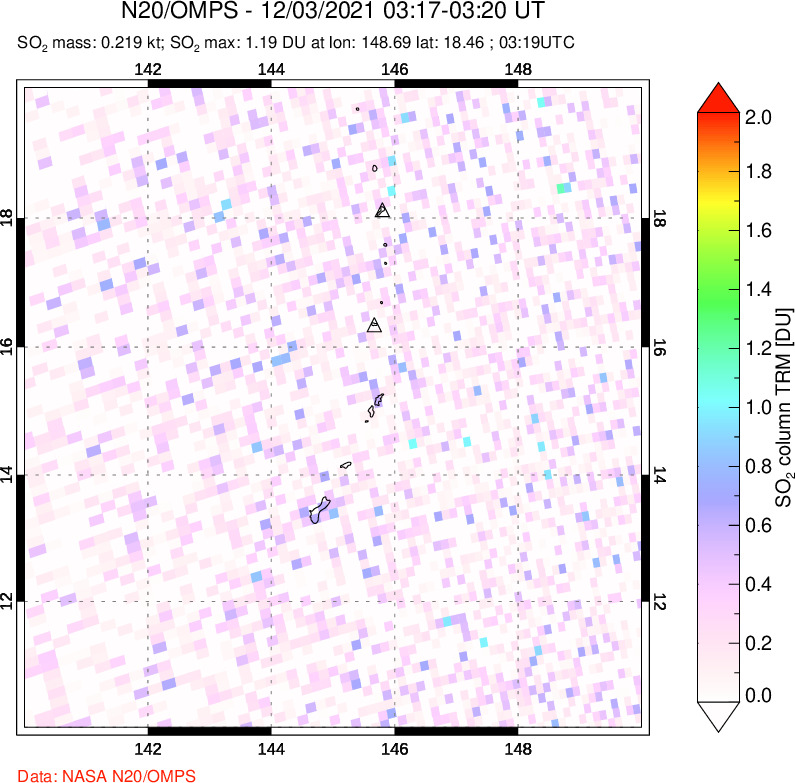 A sulfur dioxide image over Anatahan, Mariana Islands on Dec 03, 2021.