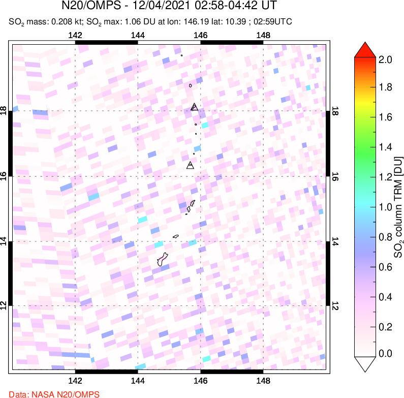 A sulfur dioxide image over Anatahan, Mariana Islands on Dec 04, 2021.