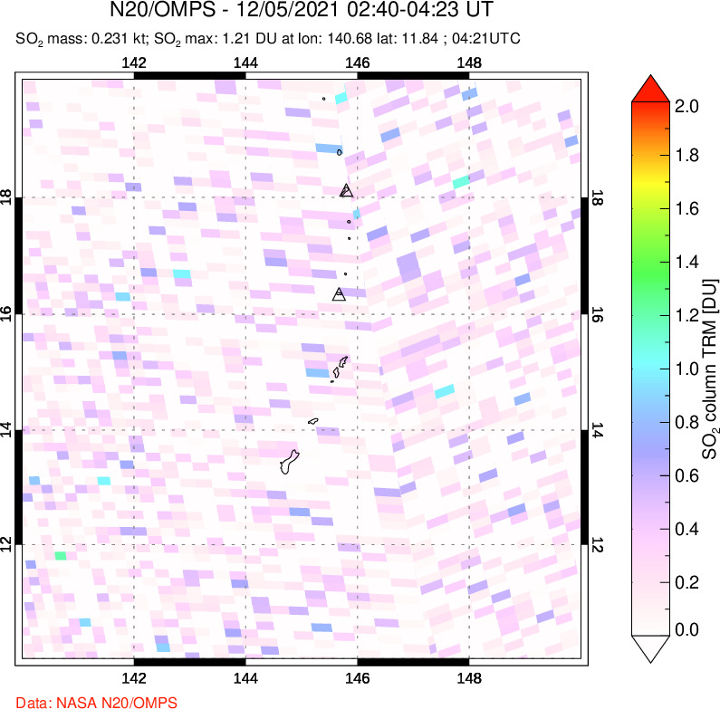 A sulfur dioxide image over Anatahan, Mariana Islands on Dec 05, 2021.