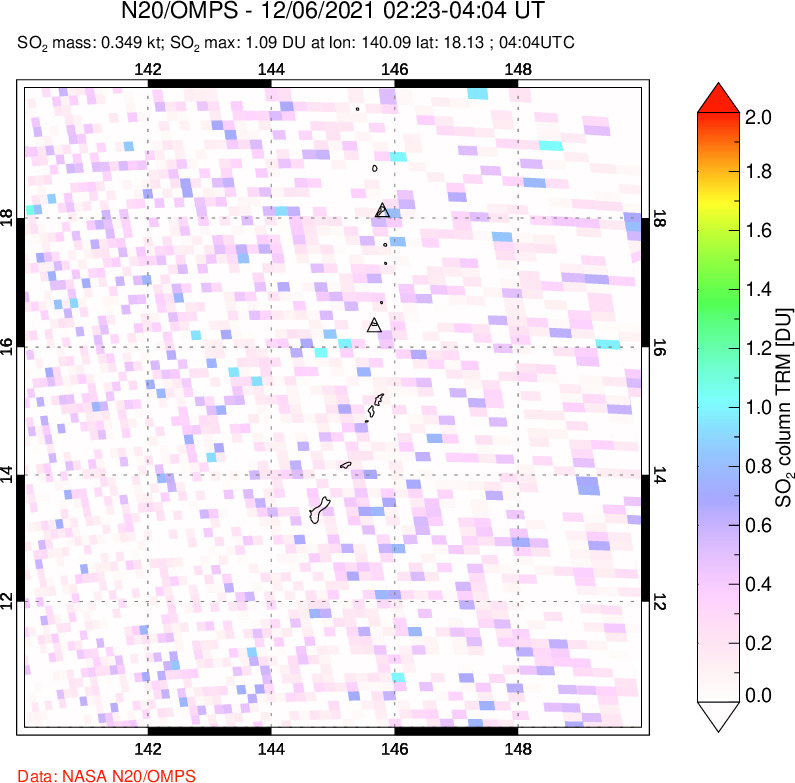 A sulfur dioxide image over Anatahan, Mariana Islands on Dec 06, 2021.