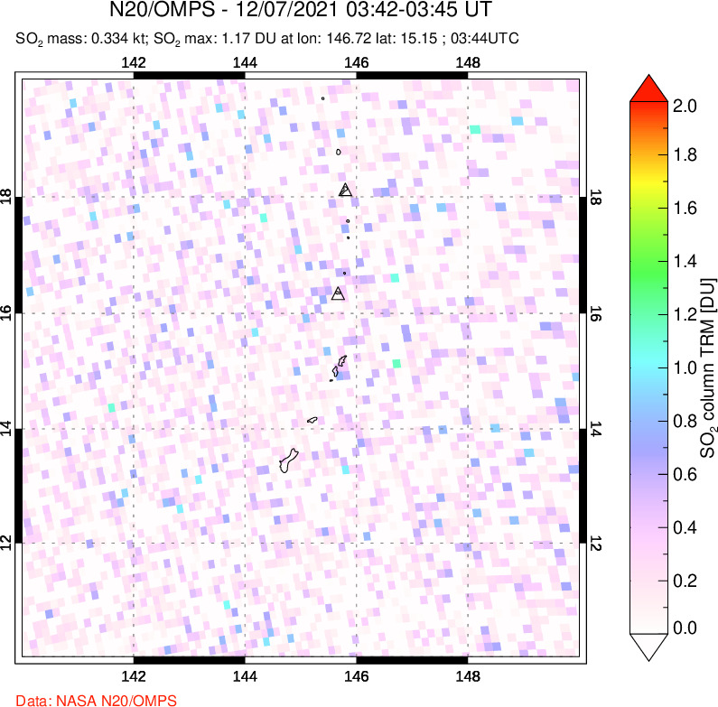 A sulfur dioxide image over Anatahan, Mariana Islands on Dec 07, 2021.