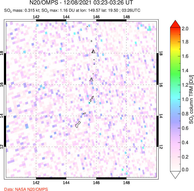 A sulfur dioxide image over Anatahan, Mariana Islands on Dec 08, 2021.