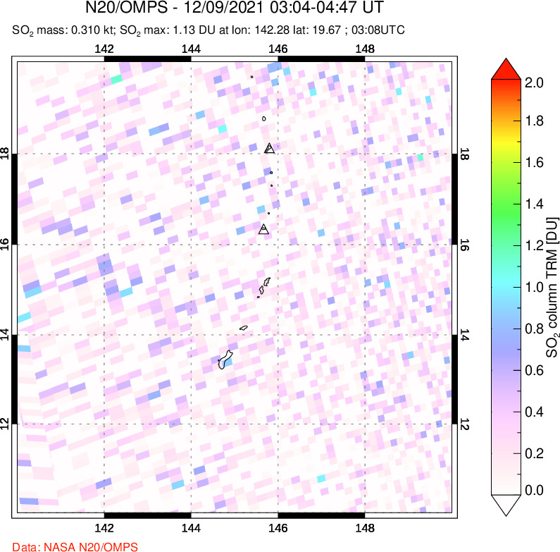 A sulfur dioxide image over Anatahan, Mariana Islands on Dec 09, 2021.