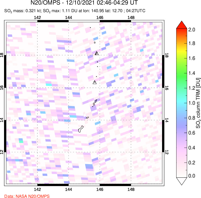 A sulfur dioxide image over Anatahan, Mariana Islands on Dec 10, 2021.