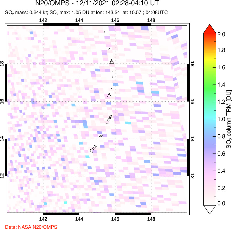 A sulfur dioxide image over Anatahan, Mariana Islands on Dec 11, 2021.