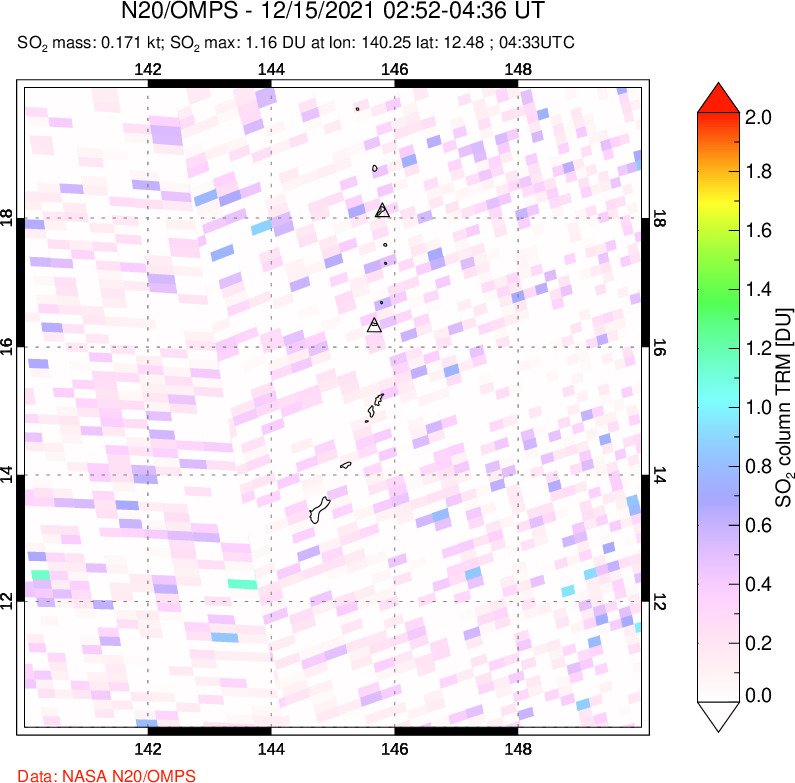 A sulfur dioxide image over Anatahan, Mariana Islands on Dec 15, 2021.