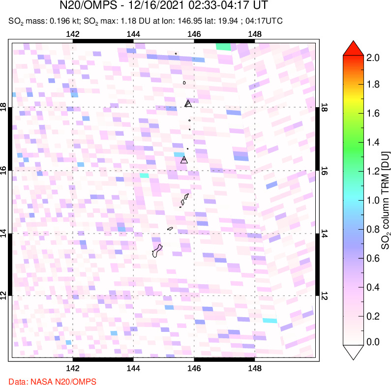 A sulfur dioxide image over Anatahan, Mariana Islands on Dec 16, 2021.