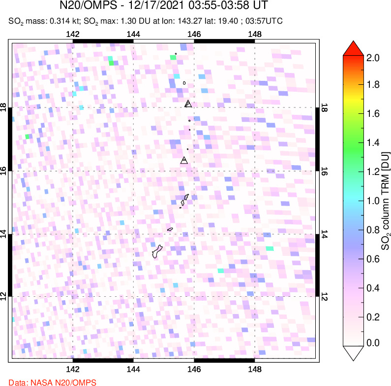 A sulfur dioxide image over Anatahan, Mariana Islands on Dec 17, 2021.