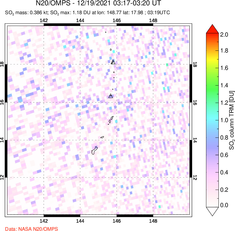 A sulfur dioxide image over Anatahan, Mariana Islands on Dec 19, 2021.