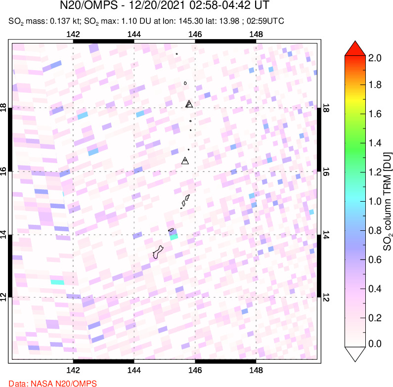 A sulfur dioxide image over Anatahan, Mariana Islands on Dec 20, 2021.