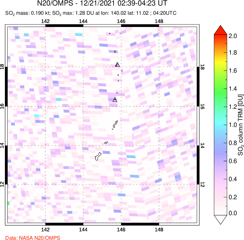 A sulfur dioxide image over Anatahan, Mariana Islands on Dec 21, 2021.