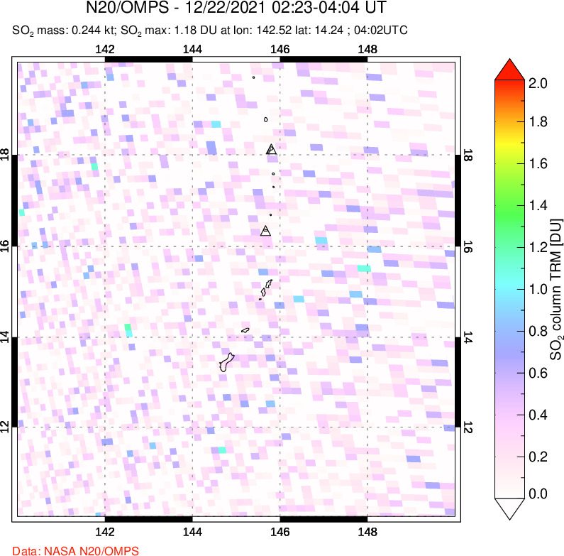 A sulfur dioxide image over Anatahan, Mariana Islands on Dec 22, 2021.