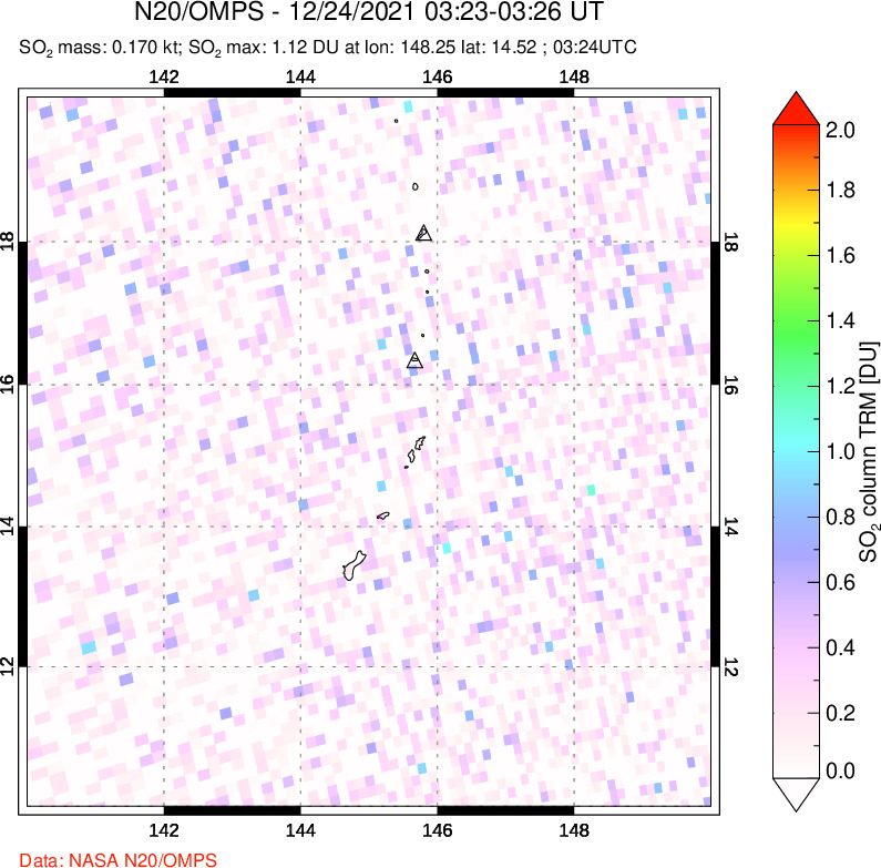 A sulfur dioxide image over Anatahan, Mariana Islands on Dec 24, 2021.