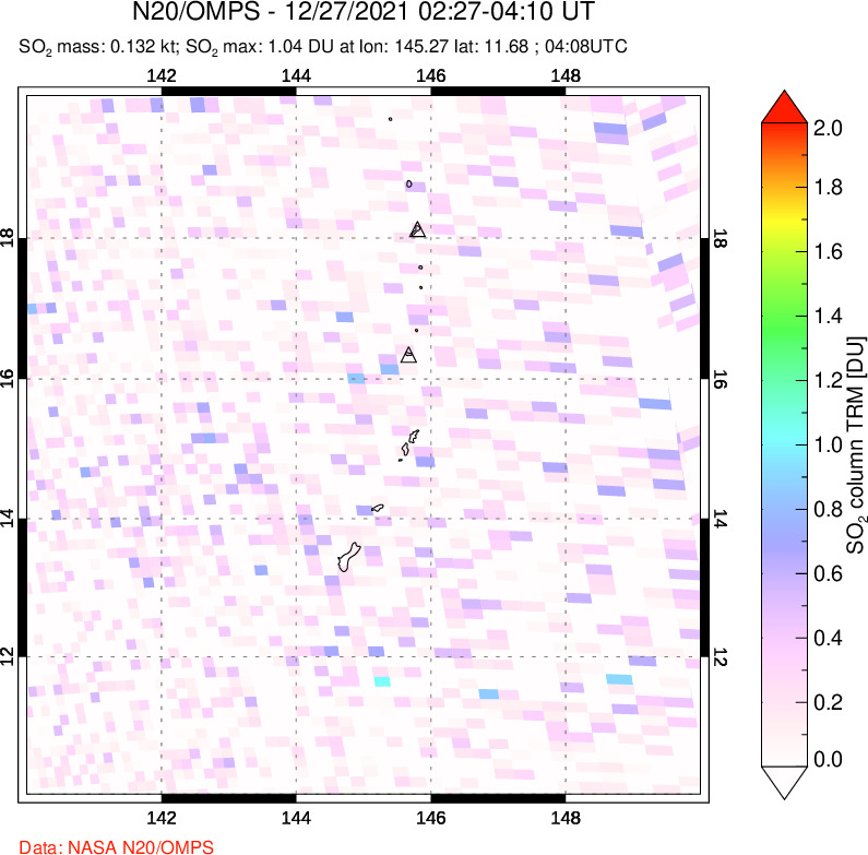 A sulfur dioxide image over Anatahan, Mariana Islands on Dec 27, 2021.