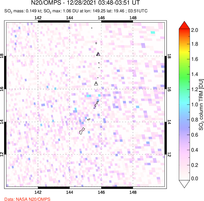 A sulfur dioxide image over Anatahan, Mariana Islands on Dec 28, 2021.