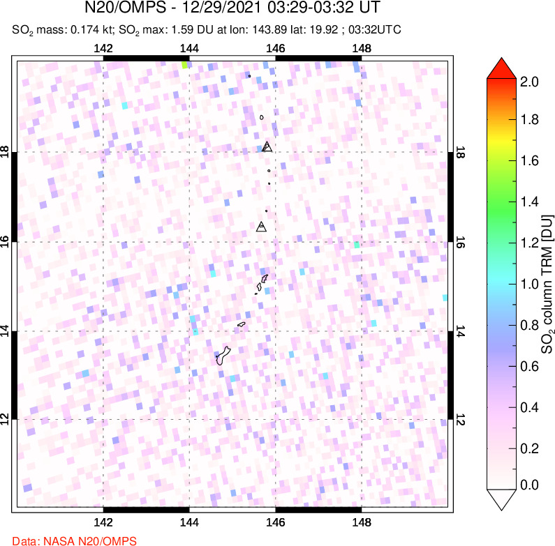 A sulfur dioxide image over Anatahan, Mariana Islands on Dec 29, 2021.