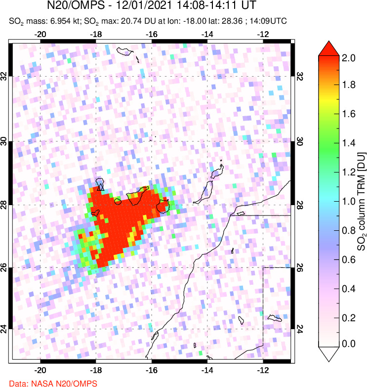 A sulfur dioxide image over Canary Islands on Dec 01, 2021.