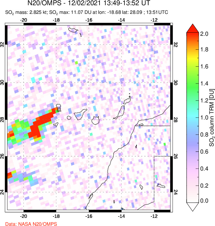 A sulfur dioxide image over Canary Islands on Dec 02, 2021.