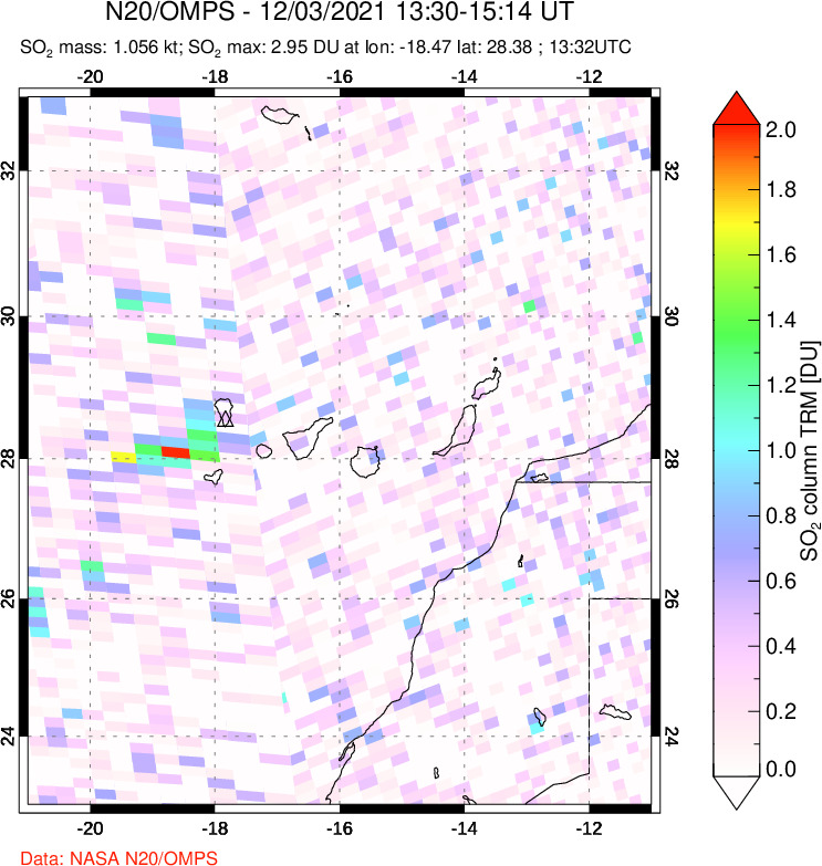 A sulfur dioxide image over Canary Islands on Dec 03, 2021.