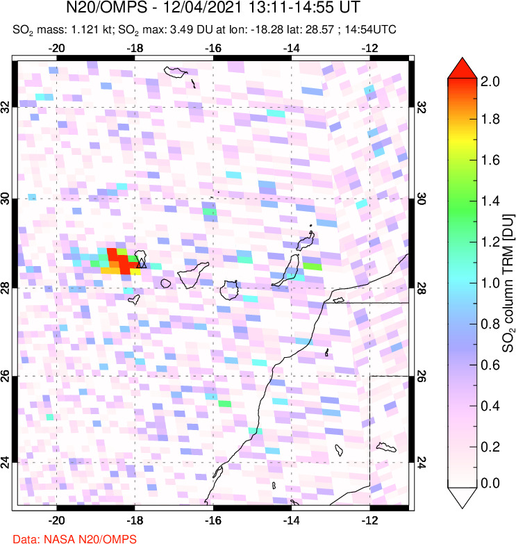 A sulfur dioxide image over Canary Islands on Dec 04, 2021.