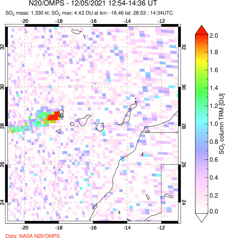 A sulfur dioxide image over Canary Islands on Dec 05, 2021.