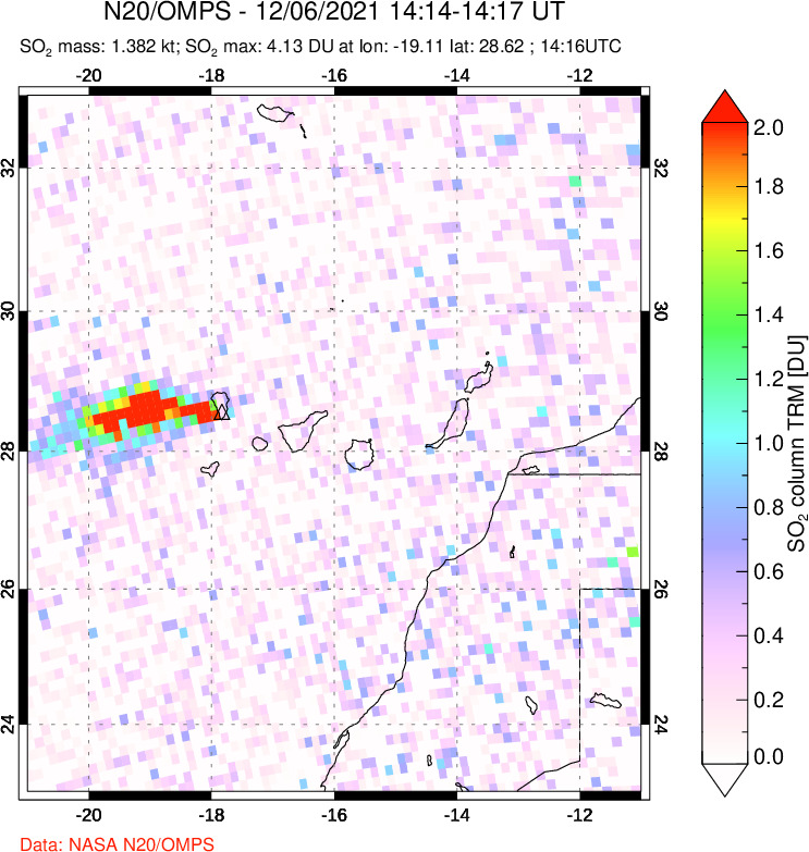 A sulfur dioxide image over Canary Islands on Dec 06, 2021.