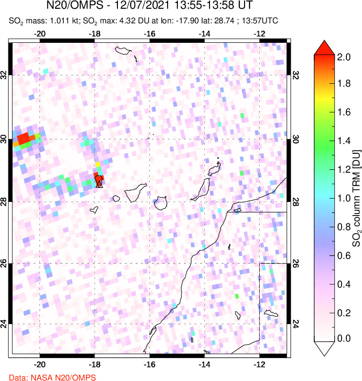 A sulfur dioxide image over Canary Islands on Dec 07, 2021.