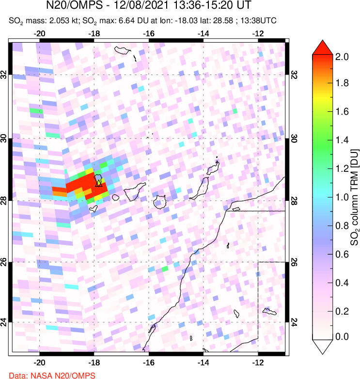 A sulfur dioxide image over Canary Islands on Dec 08, 2021.