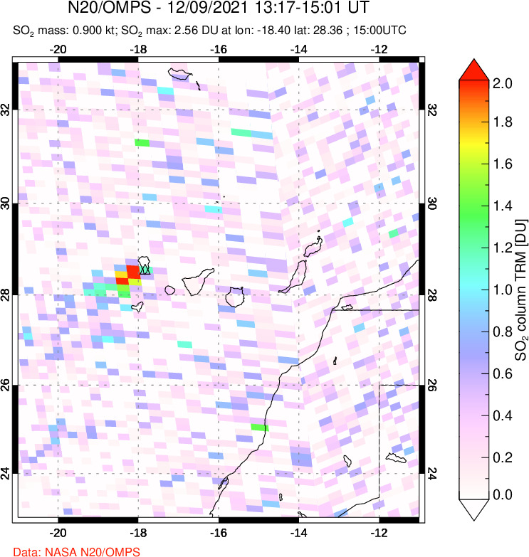A sulfur dioxide image over Canary Islands on Dec 09, 2021.