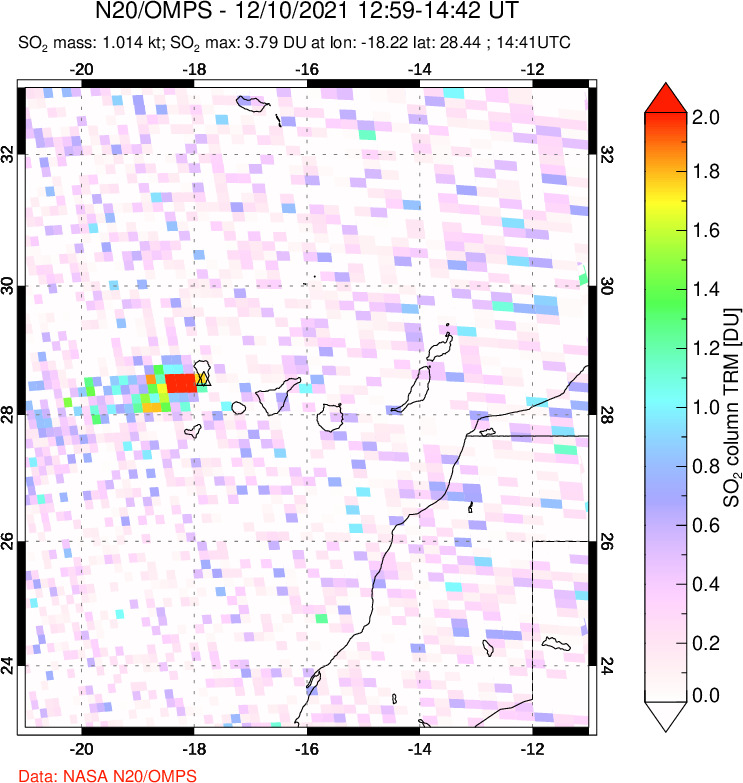 A sulfur dioxide image over Canary Islands on Dec 10, 2021.