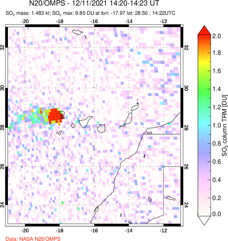 A sulfur dioxide image over Canary Islands on Dec 11, 2021.