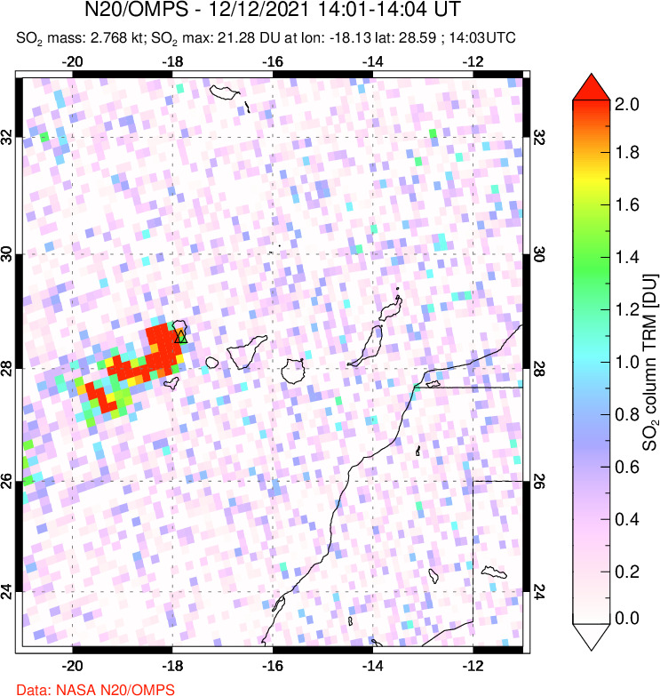 A sulfur dioxide image over Canary Islands on Dec 12, 2021.