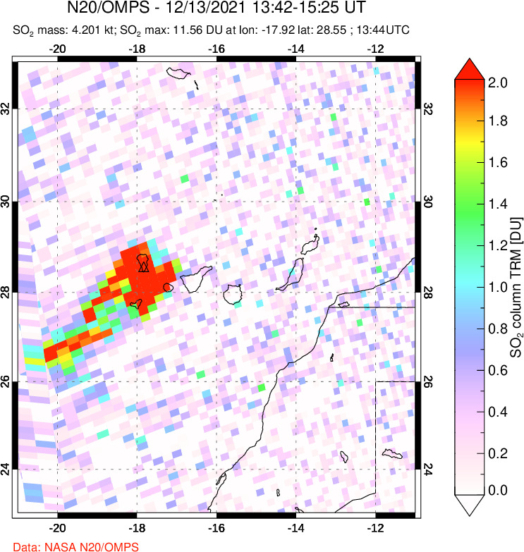 A sulfur dioxide image over Canary Islands on Dec 13, 2021.