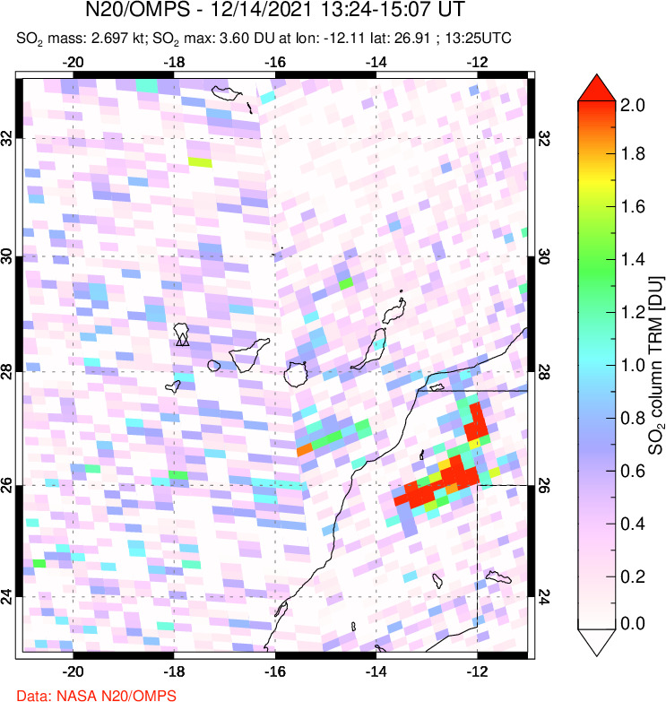 A sulfur dioxide image over Canary Islands on Dec 14, 2021.