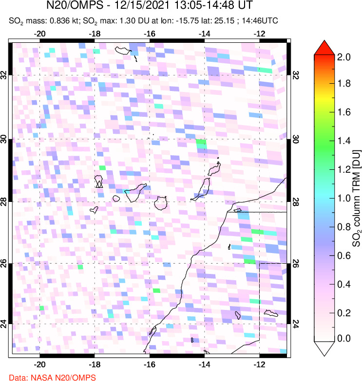 A sulfur dioxide image over Canary Islands on Dec 15, 2021.
