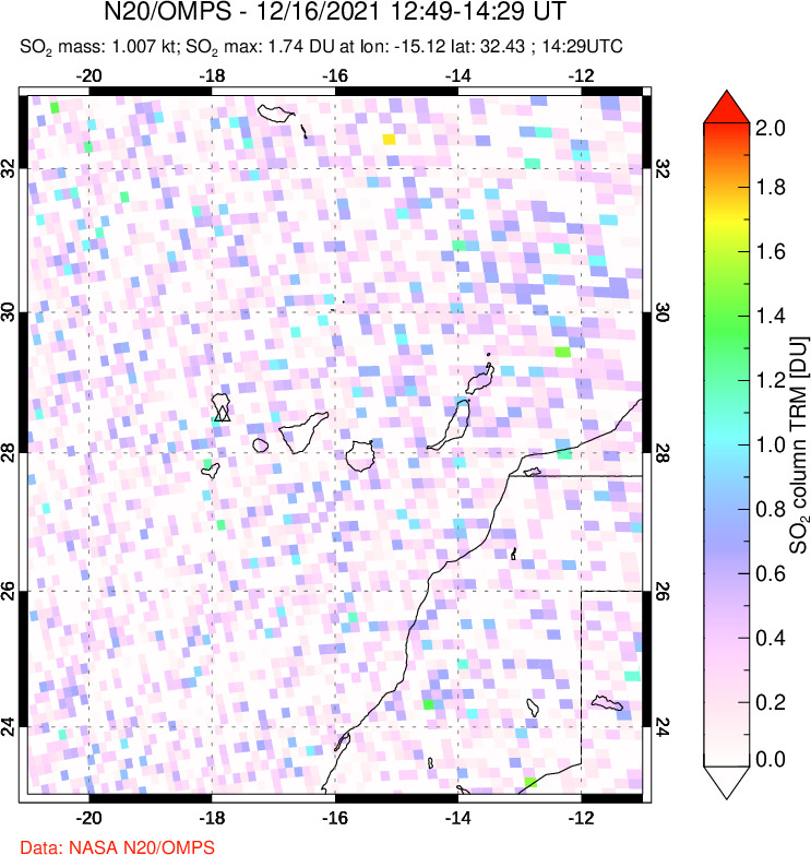 A sulfur dioxide image over Canary Islands on Dec 16, 2021.