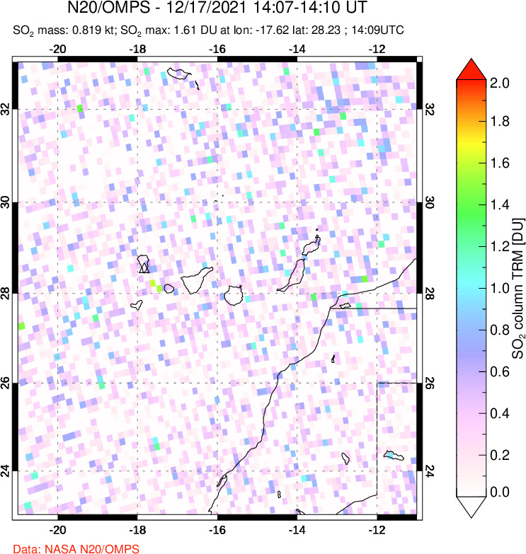 A sulfur dioxide image over Canary Islands on Dec 17, 2021.
