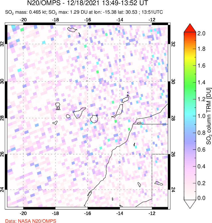 A sulfur dioxide image over Canary Islands on Dec 18, 2021.