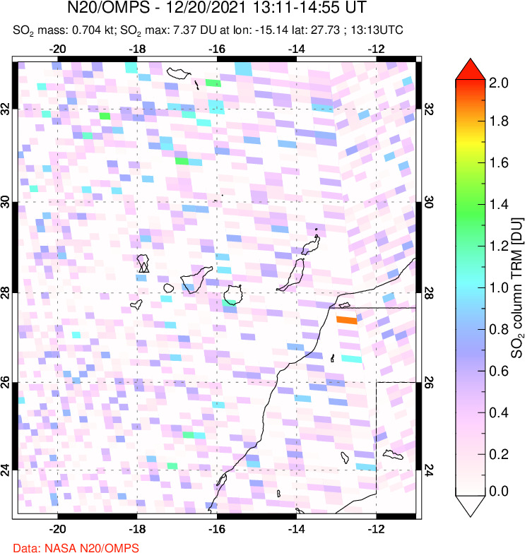 A sulfur dioxide image over Canary Islands on Dec 20, 2021.