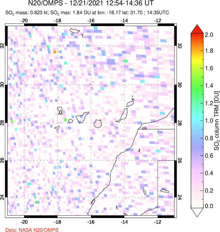 A sulfur dioxide image over Canary Islands on Dec 21, 2021.