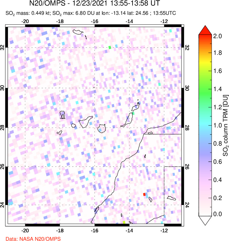 A sulfur dioxide image over Canary Islands on Dec 23, 2021.