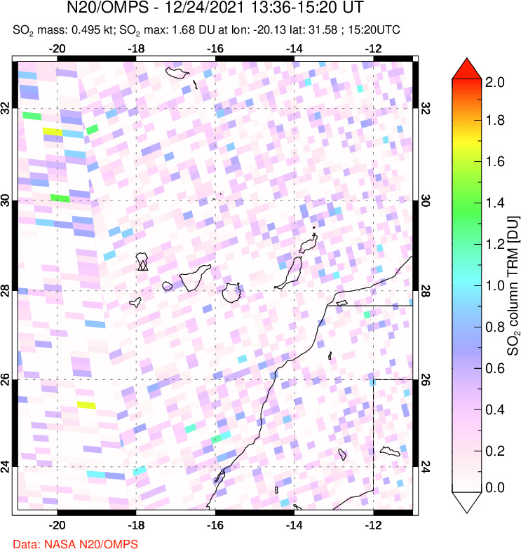 A sulfur dioxide image over Canary Islands on Dec 24, 2021.