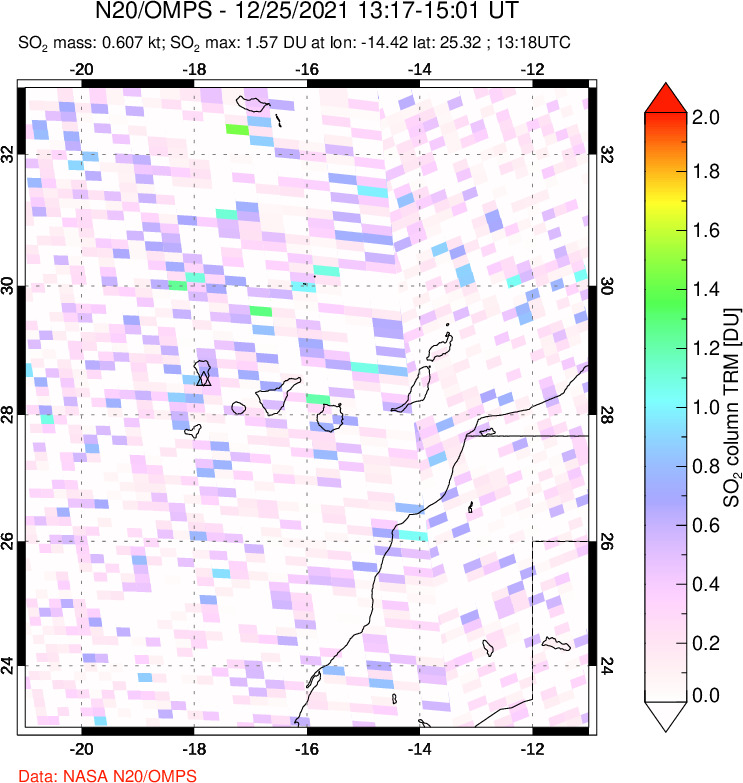 A sulfur dioxide image over Canary Islands on Dec 25, 2021.