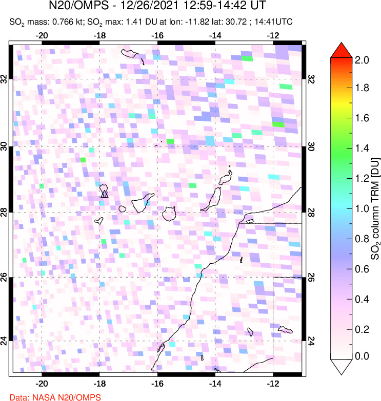 A sulfur dioxide image over Canary Islands on Dec 26, 2021.