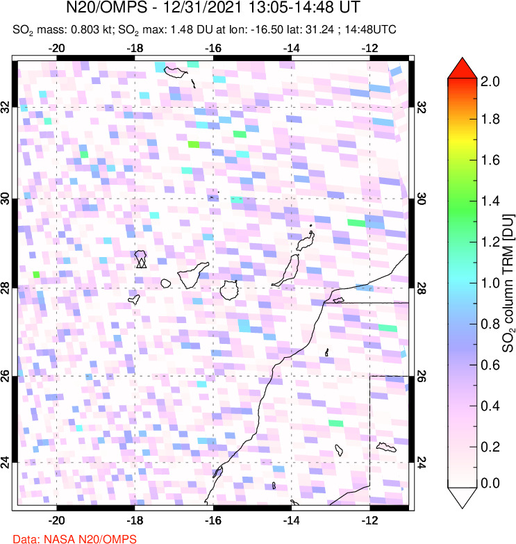 A sulfur dioxide image over Canary Islands on Dec 31, 2021.