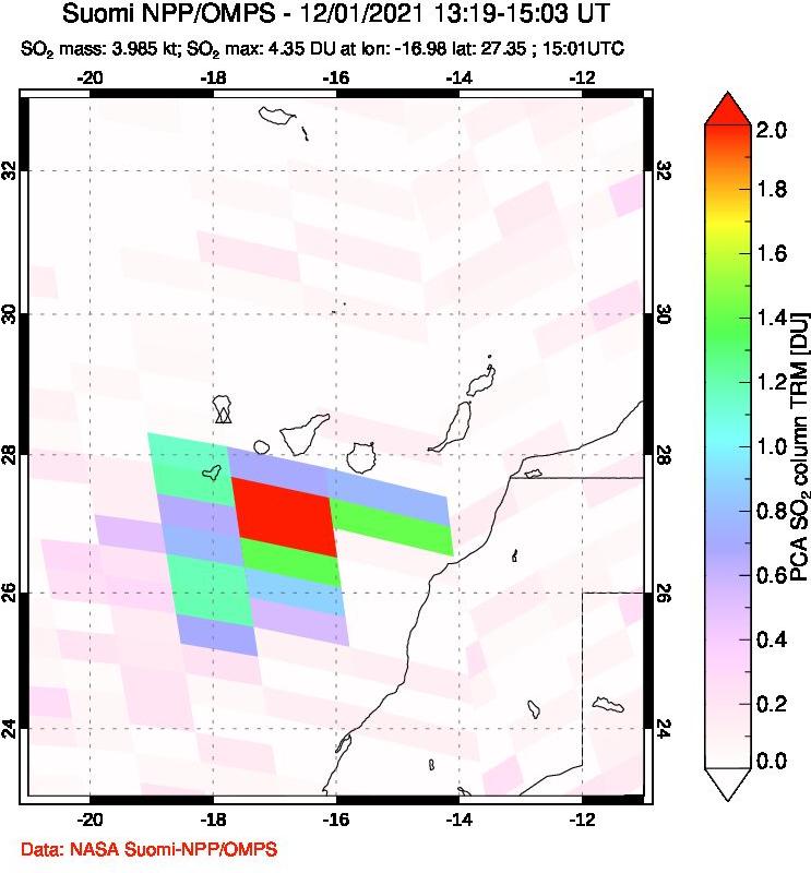 A sulfur dioxide image over Canary Islands on Dec 01, 2021.