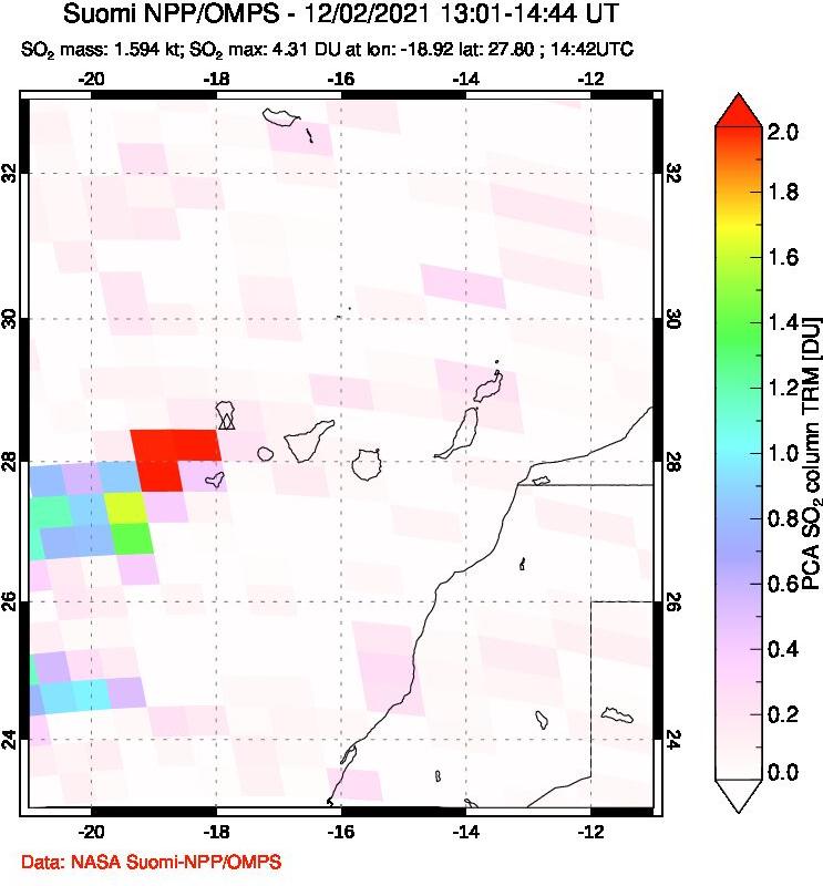 A sulfur dioxide image over Canary Islands on Dec 02, 2021.