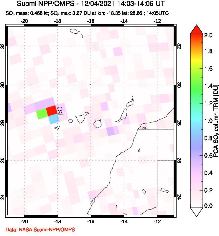 A sulfur dioxide image over Canary Islands on Dec 04, 2021.