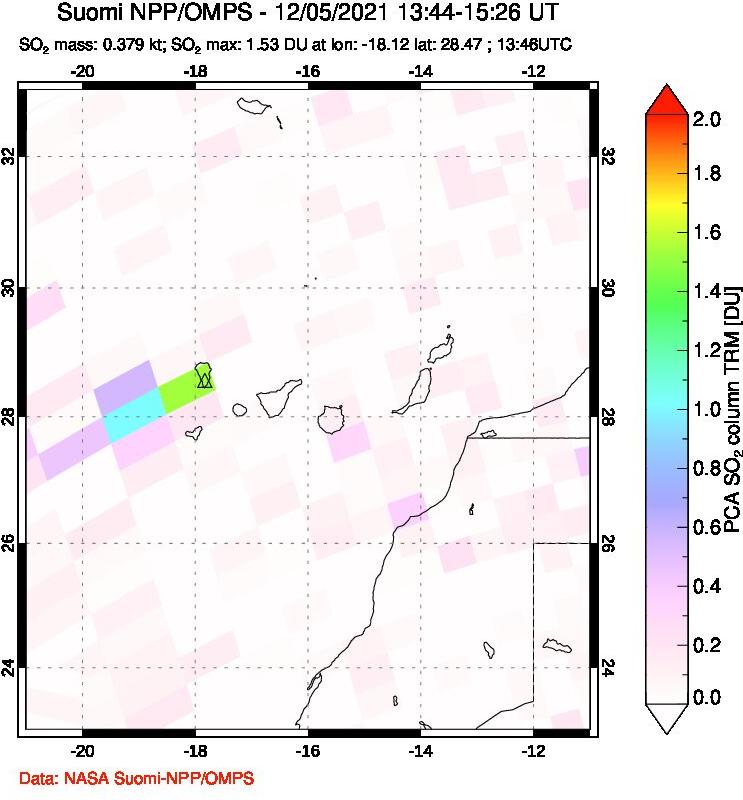 A sulfur dioxide image over Canary Islands on Dec 05, 2021.